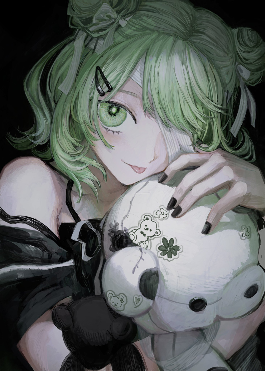 1girl :p bandage_over_one_eye bare_shoulders black_babydoll black_background black_jacket black_nails bow double_bun green_eyes green_hair hair_bow hair_bun hair_ornament hairclip highres holding holding_stuffed_toy jacket looking_at_viewer lowe_410 morinaka_kazaki n-aa-aa._(vocaloid) nijisanji off_shoulder one_eye_covered solo sticker stuffed_animal stuffed_toy teddy_bear tongue tongue_out upper_body white_bow