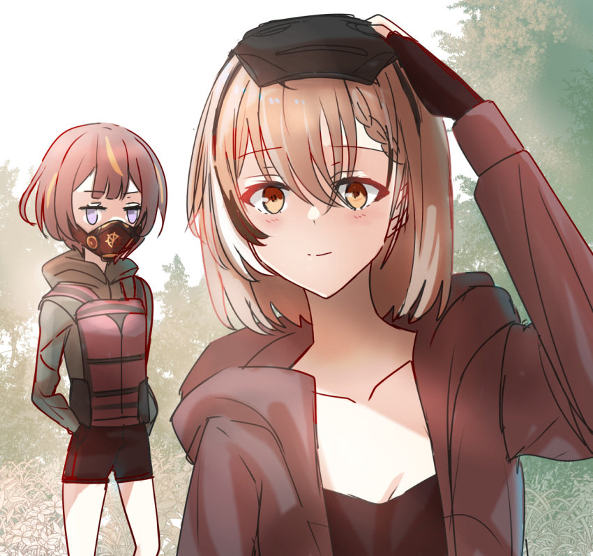2girls ahoge anya_melfissa bangs black_camisole black_shorts braid braided_bangs brown_eyes brown_hair brown_hoodie camisole fingerless_gloves flo_ni08 forest gloves green_hoodie holocouncil hololive hololive_english hololive_indonesia hood hoodie looking_at_viewer macartura08 mask mouth_mask multicolored_hair multiple_girls nanashi_mumei nature official_alternate_costume rust_(game) short_hair shorts smile streaked_hair tree violet_eyes virtual_youtuber