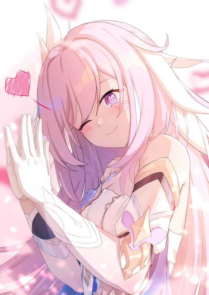 1girl absurdres blush caisena closed_mouth dress elysia_(honkai_impact) gloves heart highres honkai_(series) honkai_impact_3rd long_hair looking_at_viewer multicolored_background one_eye_closed own_hands_together pink_background pink_hair smile solo violet_eyes white_background