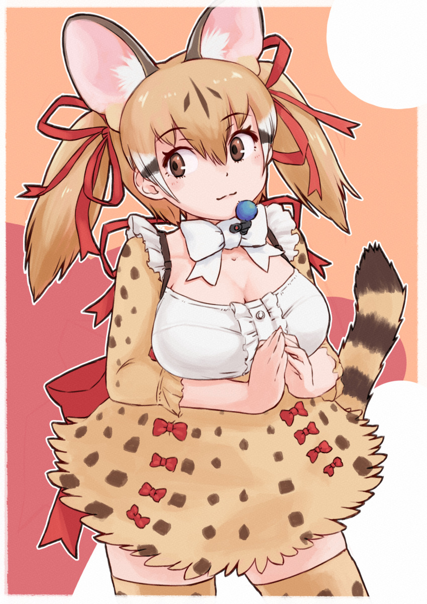 1girl absurdres animal_costume animal_ear_fluff animal_ears bow bowtie breasts brown_eyes brown_hair cat_ears cat_girl cat_tail closed_mouth highres kemono_friends kemono_friends_v_project kneehighs large-spotted_genet_(kemono_friends) large_breasts long_hair looking_at_viewer microphone ribbon shirt simple_background skirt socks solo tail toriny twintails virtual_youtuber