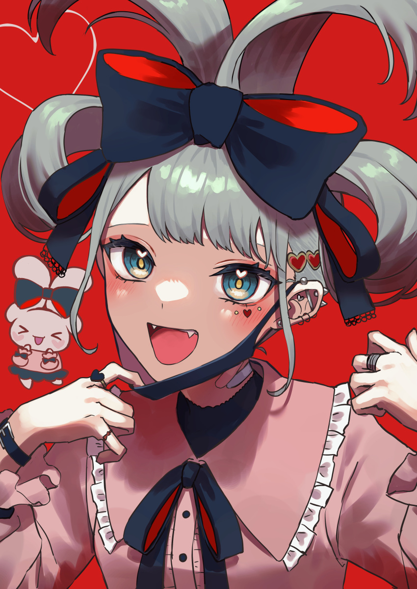 1girl absurdres aruminsuko bandaid bandaid_on_neck blue_eyes blue_hair bow bow-shaped_hair cinnamiku cinnamoroll ear_piercing fangs hair_bow hatsune_miku heart highres jewelry long_hair looking_at_viewer mask mouth_mask open_mouth piercing red_background ring sanrio smile solo tied_ears vampire vampire_(vocaloid) vocaloid watch