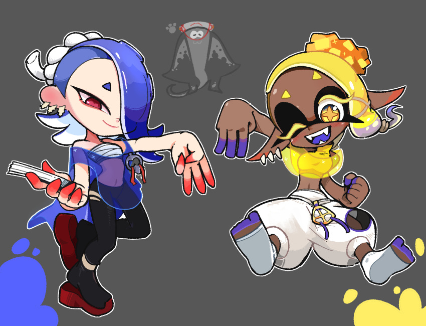 1boy 2girls ;d bare_shoulders big_man_(splatoon) black_pants black_socks blonde_hair blue_hair breasts cephalopod_eyes chest_sarashi clenched_hand closed_mouth clothing_cutout colored_eyelashes colored_skin colored_tongue crop_top cross-shaped_pupils dark-skinned_female dark_skin earrings fangs folded_fan folding_fan food food_on_head forehead frye_(splatoon) grey_background hachimaki hair_over_one_eye hand_fan harem_pants headband highres hokkamuri holding holding_fan horizontal_pupils jewelry kim_crab leg_up long_hair manta_ray medium_breasts multicolored_hair multicolored_skin multiple_earrings multiple_girls nejiri_hachimaki object_on_head octarian one_eye_closed outline pants pointy_ears poncho purple_hair purple_skin purple_tongue red_eyes red_footwear red_pupils red_skin sarashi see-through shiver_(splatoon) sleeveless smile socks splatoon_(series) splatoon_3 standing standing_on_one_leg tabi teeth tempura tentacle_hair toeless_legwear tooth_earrings turtleneck turtleneck_crop_top two-tone_hair two-tone_skin white_outline white_pants white_socks yellow_crop_top yellow_eyes