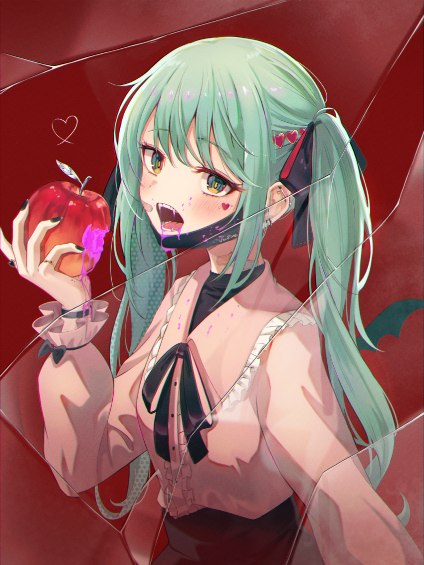 1girl absurdres apple black_bow black_nails black_skirt blush bow collared_shirt commentary_request dress_shirt fangs food frilled_shirt_collar frills fruit green_eyes green_hair hair_bow hair_ornament hand_up hatsune_miku heart heart_hair_ornament highres holding holding_food holding_fruit long_hair long_sleeves looking_at_viewer mask mask_pull mouth_mask nail_polish open_mouth pink_shirt puffy_long_sleeves puffy_sleeves red_apple shirt sira_(user_dswn7488) skirt solo twintails vampire_(vocaloid) very_long_hair vocaloid