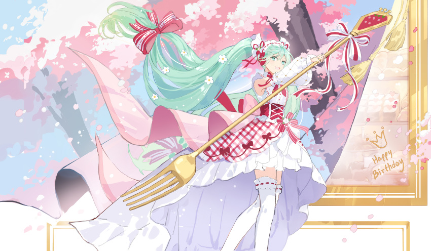 1girl :d absurdres amicis_(amisic) bangs day detached_sleeves feet_out_of_frame fork green_eyes green_hair hair_between_eyes happy_birthday hatsune_miku highres holding holding_fork long_hair long_sleeves looking_at_viewer outdoors oversized_object petals plaid plaid_skirt puffy_long_sleeves puffy_sleeves ribbon-trimmed_legwear ribbon-trimmed_thighhighs ribbon_trim shirt skirt sleeveless sleeveless_shirt sleeves_past_wrists smile solo strawberry_miku_(morikura) thigh-highs tree twintails very_long_hair vocaloid white_shirt white_skirt white_sleeves white_thighhighs