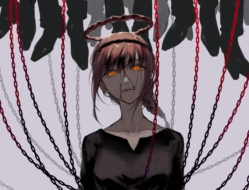 1girl akuta_vi bangs black_shirt braid braided_ponytail breasts chain chainsaw_man closed_mouth collarbone cracked_skin expressionless grey_background hair_between_eyes halo highres large_breasts long_hair looking_at_viewer makima_(chainsaw_man) ponytail ringed_eyes shirt sidelocks solo upper_body yellow_eyes