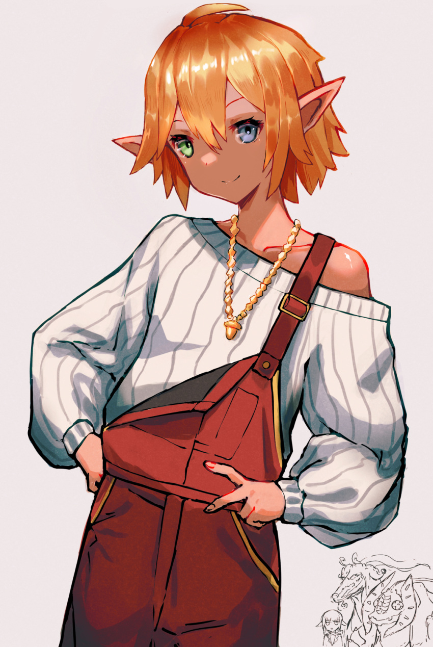 1girl ahoge alternate_costume aura_bella_fiora bangs bare_shoulders blonde_hair blue_eyes elf green_eyes hair_between_eyes hand_on_hip heterochromia highres jewelry long_sleeves looking_at_viewer necklace off-shoulder_shirt off_shoulder overalls overlord_(maruyama) pointy_ears red_overalls shiny shiny_hair shiny_skin shirt smile solo tomboy tsugu0302 v white_background white_shirt