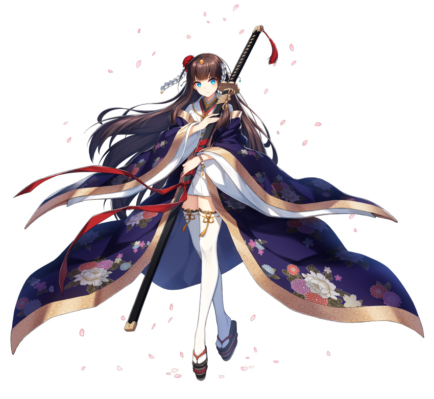 1girl absurdres blue_eyes brown_hair counter:side floral_print hair_ornament highres japanese_clothes long_hair looking_at_viewer nanahara_chinatsu official_art petals sandals solo sword tachi-e thigh-highs transparent_background weapon