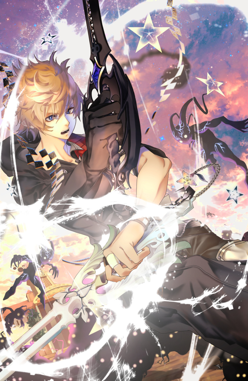 1boy absurdres black_gloves black_pants black_robe blonde_hair blue_eyes clock clock_tower crow_illust dual_wielding fighting_stance gloves hair_between_eyes heartless highres holding holding_weapon hooded_robe jewelry keyblade kingdom_hearts kingdom_hearts_ii lower_teeth male_focus open_mouth outdoors pants ring robe roxas solo_focus spiky_hair star_(symbol) teeth tower upper_teeth weapon wristband yellow_eyes