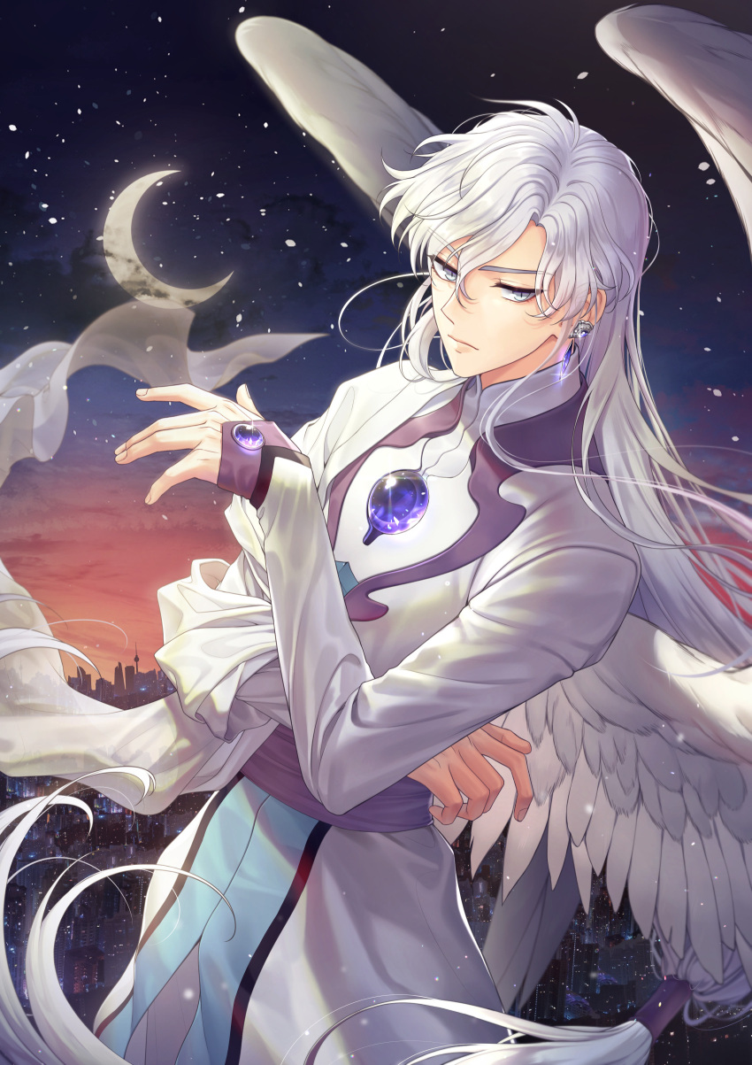 1boy absurdres bangs bishounen cardcaptor_sakura city cityscape closed_mouth clouds commentary crescent_moon earrings expressionless eyelashes feathered_wings floating_hair gem glint grey_eyes hair_between_eyes hand_up highres jewelry lem_tea long_hair long_sleeves looking_at_viewer low-tied_long_hair male_focus moon night night_sky outdoors parted_bangs robe sidelocks sky sleeves_past_wrists solo star_(sky) starry_sky very_long_hair white_hair white_robe white_wings wings yue_(ccs)