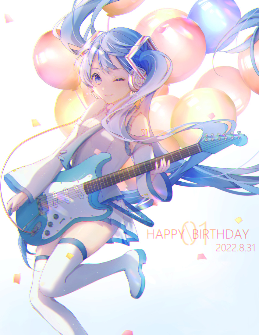 1girl ;) balloon bangs blue_background blue_eyes blue_hair blue_necktie boots breasts closed_mouth collared_shirt commentary_request dated detached_sleeves electric_guitar feet_out_of_frame gradient gradient_background guitar happy_birthday hatsune_miku headphones headset highres holding holding_instrument instrument long_sleeves necktie one_eye_closed pleated_skirt shiromi shirt skirt sleeveless sleeveless_shirt small_breasts smile solo thigh_boots tie_clip twintails vocaloid white_background white_footwear white_shirt white_skirt white_sleeves wide_sleeves