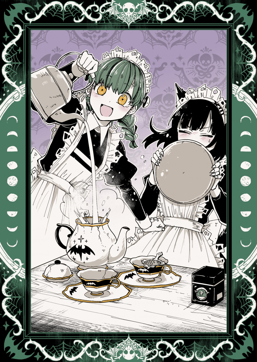 :d absurdres animal_ears animal_print apron bangs bat_print black_hair blush border box braid cat_ears cat_girl closed_eyes covering_mouth cup dress fingernails green_hair hgr_(higure) highres holding holding_kettle holding_tray ivy_(kaibutsu_maid) juliet_sleeves kaibutsu_maid_no_kareinaru_oshigoto kettle long_fingernails long_hair long_sleeves looking_at_viewer maid maid_headdress moon_phases parted_bangs pouring puffy_sleeves saucer screw_in_head smile strainer sumire_(kaibutsu_maid) sweat table tea teacup teapot tray twin_braids yellow_eyes