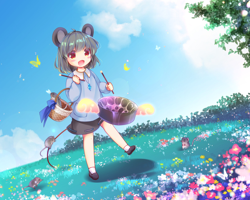 1girl album_cover animal_ears bangs basket blue_shirt blue_sky blush bug butterfly clouds comiket_100 commentary_request cover crystal day drumsticks enjoy_mix flat_chest flower full_body grass grey_hair grey_skirt jewelry long_sleeves looking_at_viewer mouse mouse_ears mouse_girl mouse_tail nazrin open_mouth pendant pink_flower red_eyes red_flower shirt short_hair skirt sky smile solo steelpan tail touhou tree walking white_flower yellow_butterfly