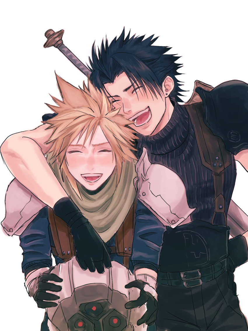 2boys arm_around_shoulder armor bangs belt black_gloves black_hair blonde_hair blue_shirt blush closed_eyes cloud_strife cowboy_shot crisis_core_final_fantasy_vii earrings final_fantasy final_fantasy_vii gloves green_scarf hand_on_hip helmet highres holding holding_helmet jewelry laughing lower_teeth male_focus multiple_belts multiple_boys niburuchan_zc open_mouth parted_bangs scarf shirt short_hair shoulder_armor single_earring sleeveless sleeveless_turtleneck sleeves_rolled_up spiky_hair suspenders sword teeth turtleneck upper_teeth weapon weapon_on_back white_background zack_fair