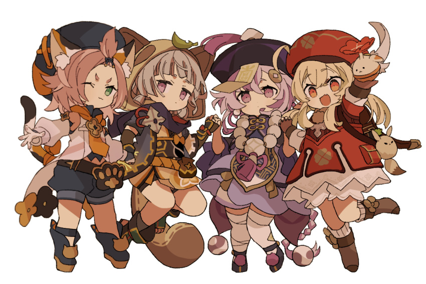 4girls :3 absurdres ahoge animal_ear_fluff animal_ears animal_hood arm_up backpack bag bangs_pinned_back bead_necklace beads black_footwear blonde_hair bloomers boots brown_footwear brown_gloves cabbie_hat cat_ears cat_girl child closed_mouth detached_sleeves diona_(genshin_impact) dodoco_(genshin_impact) dress fingerless_gloves genshin_impact gloves grey_hair hat hat_feather highres holding holding_hands hood hood_up iwashi_(iwashi008) japanese_clothes jewelry klee_(genshin_impact) leaf leaf_on_head long_hair low_twintails multiple_girls necklace ofuda one_eye_closed open_mouth pink_hair pointy_ears purple_hair purple_headwear qing_guanmao qiqi_(genshin_impact) red_dress red_headwear sayu_(genshin_impact) short_hair shorts simple_background tail thigh-highs twintails underwear very_long_hair white_background white_thighhighs