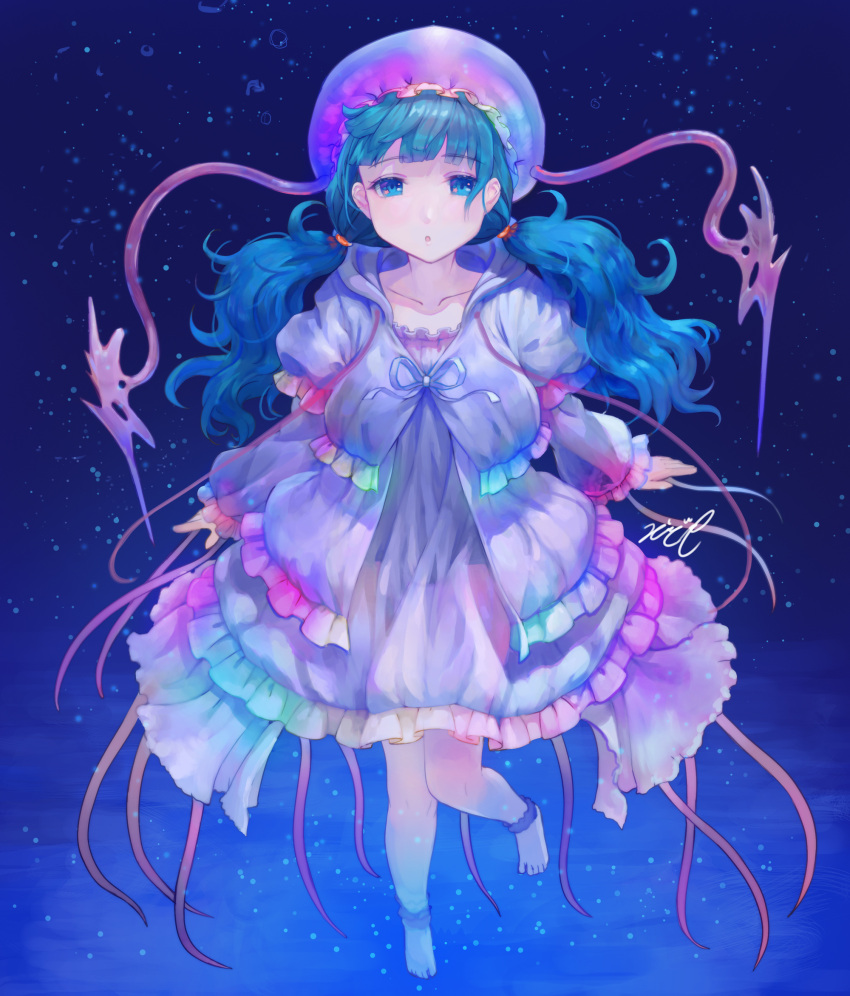 1girl :o ankle_cuffs aqua_hair bangs barefoot beret blue_background blue_eyes collarbone cuffs curly_hair dress fantasy floating frilled_dress frilled_hat frilled_sleeves frills hair_tie hat highres light_particles long_hair long_sleeves looking_at_viewer mizore_akihiro multicolored_clothes multicolored_dress original parted_lips rainbow_gradient signature tentacle_hair twintails very_long_hair white_dress white_headwear