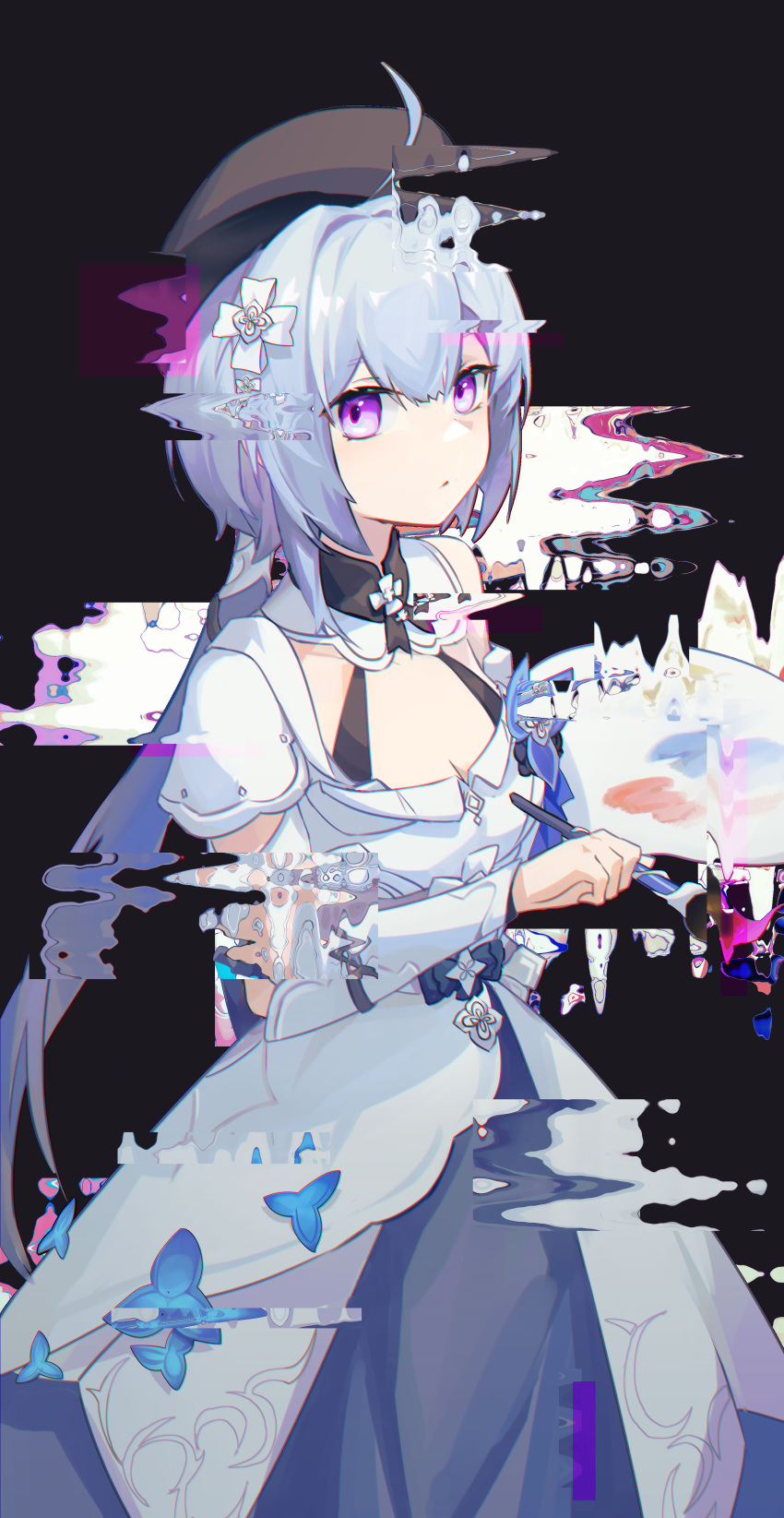 1girl absurdres ahoge blue_butterfly blue_hair bug butterfly closed_mouth dress expressionless glitch grey_background griseo hair_ornament hairclip hat highres honkai_(series) honkai_impact_3rd long_hair looking_at_viewer paint paintbrush palette_(object) ponytail redfish solo violet_eyes