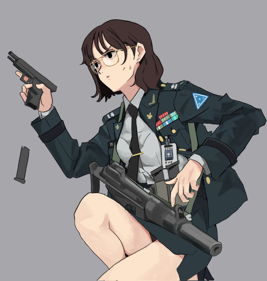 1girl black_eyes black_necktie blue_jacket blue_skirt brown_hair closed_mouth collared_shirt dress_shirt glasses grey_shirt gun handgun high-waist_skirt highres id_card jacket magazine_(weapon) military military_jacket military_rank_insignia military_uniform necktie open_clothes open_jacket original pencil_skirt perfect_han reloading ribbon_bar shirt short_hair skirt sling_(weapon) solo submerged suppressor sweatdrop trigger_discipline uniform weapon