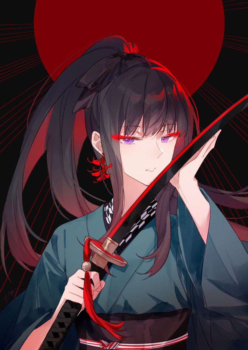 1girl absurdres alternate_costume bangs black_hair black_ribbon earrings green_kimono hair_ribbon han'eri high_ponytail highres holding holding_sword holding_weapon inoue_takina japanese_clothes jewelry katana kimono looking_to_the_side lycoris_recoil obi obiage obijime parted_lips ribbon rising_sun sash solo sunburst sword upper_body violet_eyes walluku weapon wide_sleeves