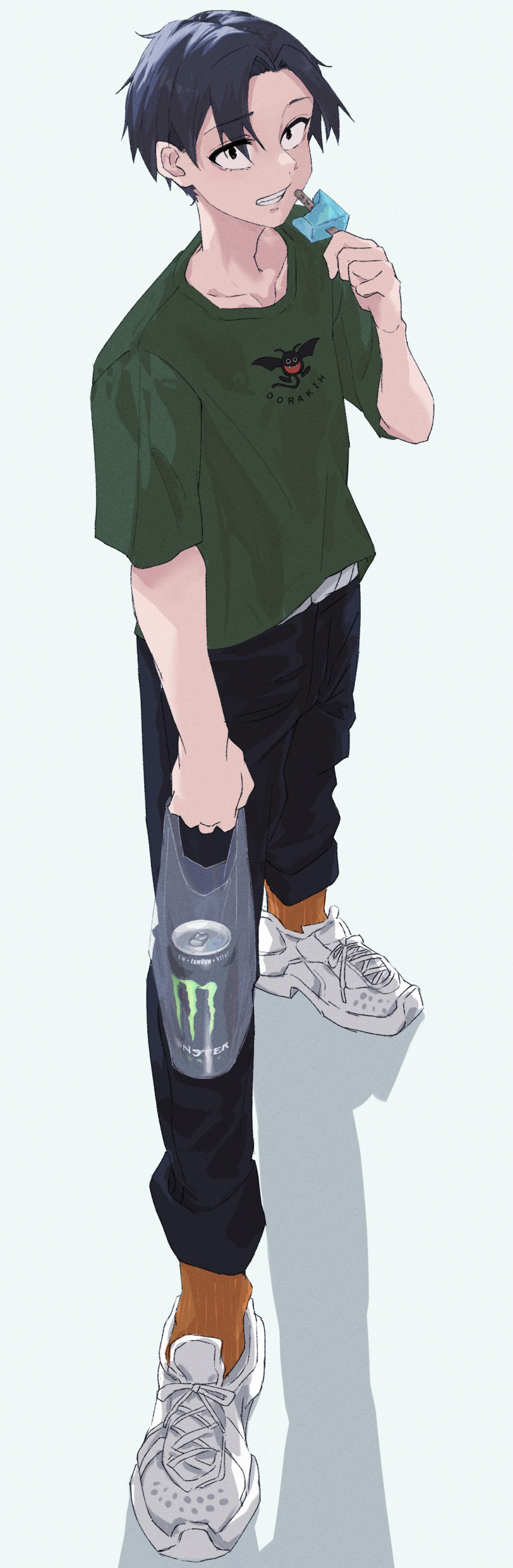 1boy absurdres bad_proportions black_eyes black_hair black_pants collarbone dragon_quest drakee eating food full_body green_shirt highres looking_at_viewer male_focus monster_energy pants popsicle print_shirt qto_toto shirt shoes simple_background sneakers solo standing t-shirt white_background white_footwear yamori_kou yofukashi_no_uta