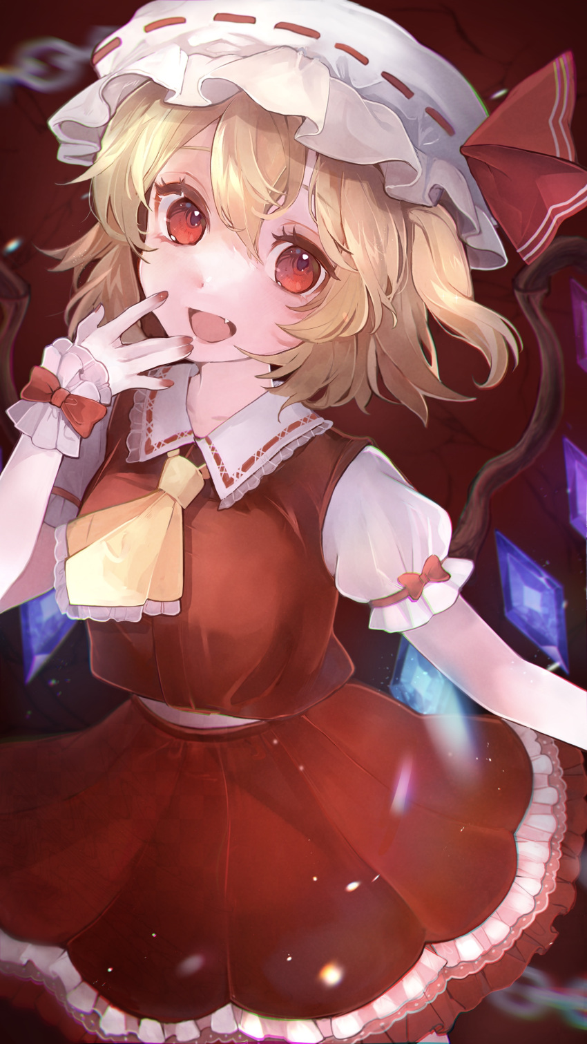 1girl :d \||/ absurdres ascot bangs blonde_hair blush bow breasts chromatic_aberration commentary_request cowboy_shot crystal fang flandre_scarlet frilled_shirt_collar frills guanylunba hair_between_eyes hand_up hat hat_ribbon highres looking_at_viewer medium_breasts mob_cap nail_polish one_side_up open_mouth petticoat puffy_short_sleeves puffy_sleeves red_background red_bow red_eyes red_skirt red_vest ribbon short_hair short_sleeves simple_background skirt skirt_set smile solo touhou vest white_headwear wings wrist_cuffs yellow_ascot