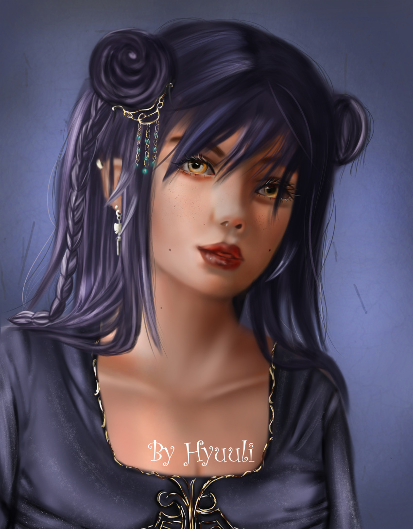 1girl absurdres artist_name blush breasts collarbone earrings fantasy hair_between_eyes hair_ornament highres jewelry lips long_hair looking_at_viewer mole necklace non-web_source off_shoulder open_mouth parted purple_hair realistic ringlets scenery self_upload simple_background solo upper_body yellow_eyes