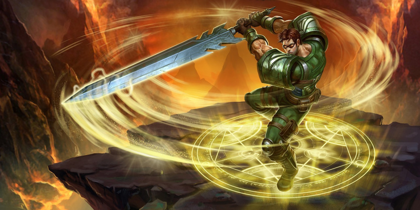 1boy alternate_costume armor bad_source bag boots brown_hair commando_garen dust facial_hair fighting_stance garen_(league_of_legends) gauntlets gloves glowing glowing_sword glowing_weapon highres knee_pads knife league_of_legends leather leather_belt legband long_sideburns long_sword magic magic_circle male_focus manly mature_male molten_rock mountain muscular muscular_male official_art short_hair shoulder_armor shoulder_pads sideburns smoke solo spread_legs sunglasses sword thick_arms volcano weapon zhang_ji
