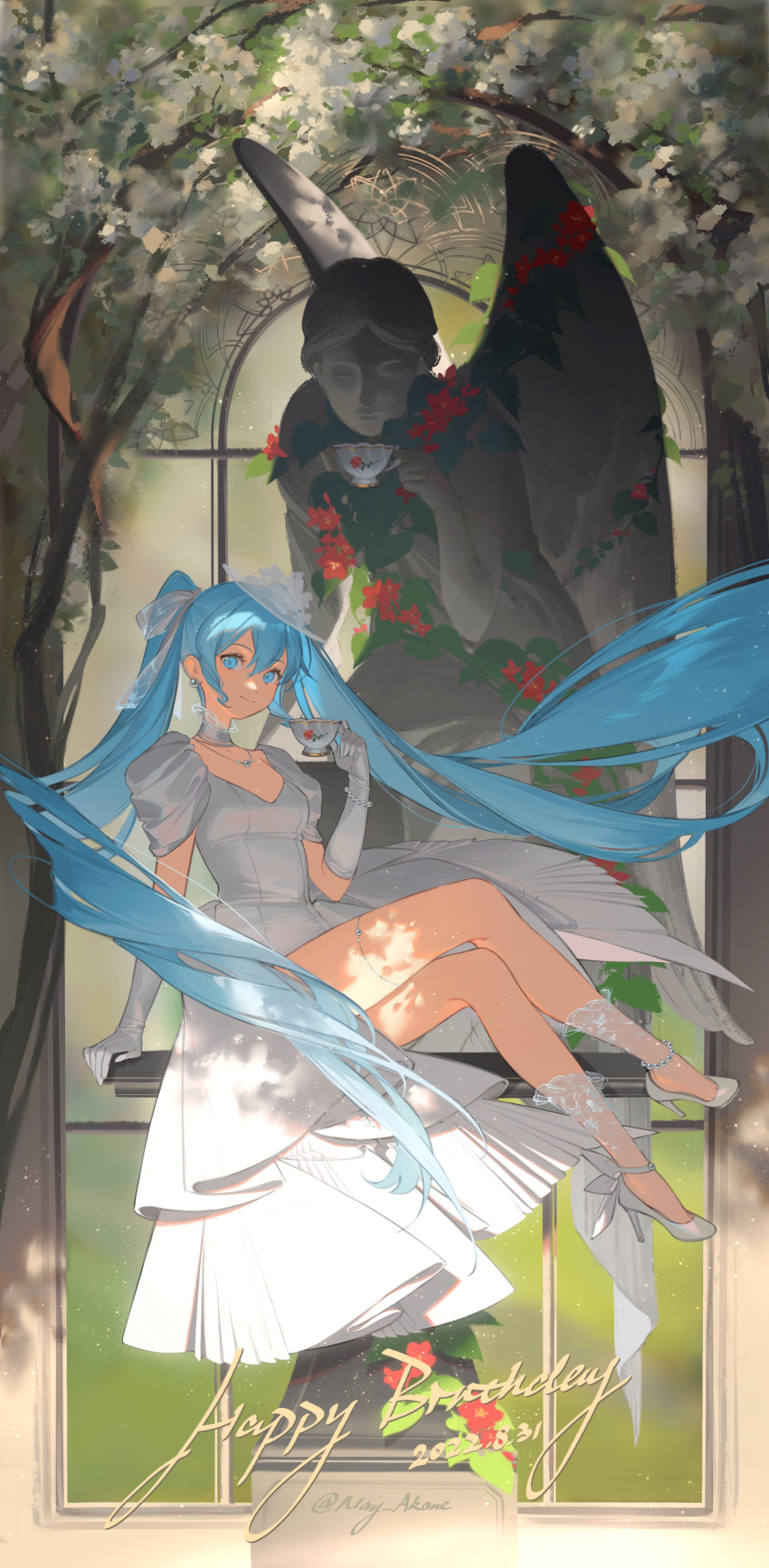 1girl absurdres angel arch arm_support bangs bead_anklet bead_bracelet beads blue_eyes blue_hair bracelet branch breasts crossed_legs cup dappled_sunlight dated day detached_collar dress drink earrings english_commentary english_text floating_hair floral_print flower full_body gloves hair_ribbon hand_up happy_birthday hat hatsune_miku high_heels highres holding holding_cup holding_drink jewelry light_particles long_hair looking_at_viewer mixed-language_commentary moss nay_akane necklace overgrown pearl_bracelet pearl_earrings pearl_necklace puffy_short_sleeves puffy_sleeves red_flower ribbon see-through short_sleeves skindentation smile socks solo statue sunlight teacup thighlet twintails twitter_username very_long_hair vocaloid white_dress white_flower white_footwear white_gloves white_headwear white_ribbon white_socks window