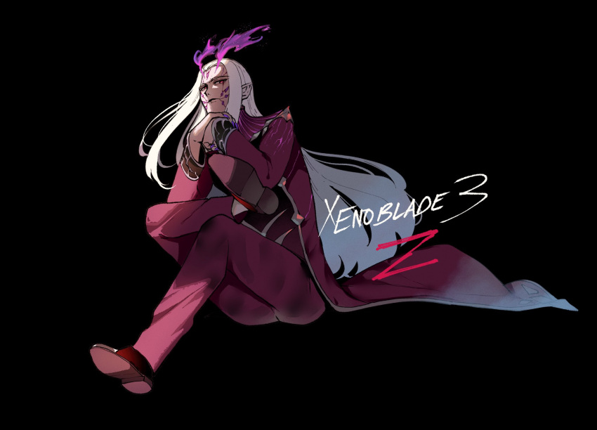 1boy black_background character_name copyright_name cracked_skin crossed_legs fire flame formal highres invisible_chair long_hair long_sleeves looking_at_viewer male_focus nail_polish nyantcha pointy_ears purple_nails red_eyes red_footwear red_suit simple_background sitting suit turtleneck white_hair xenoblade_chronicles_(series) xenoblade_chronicles_3 z_(xenoblade)