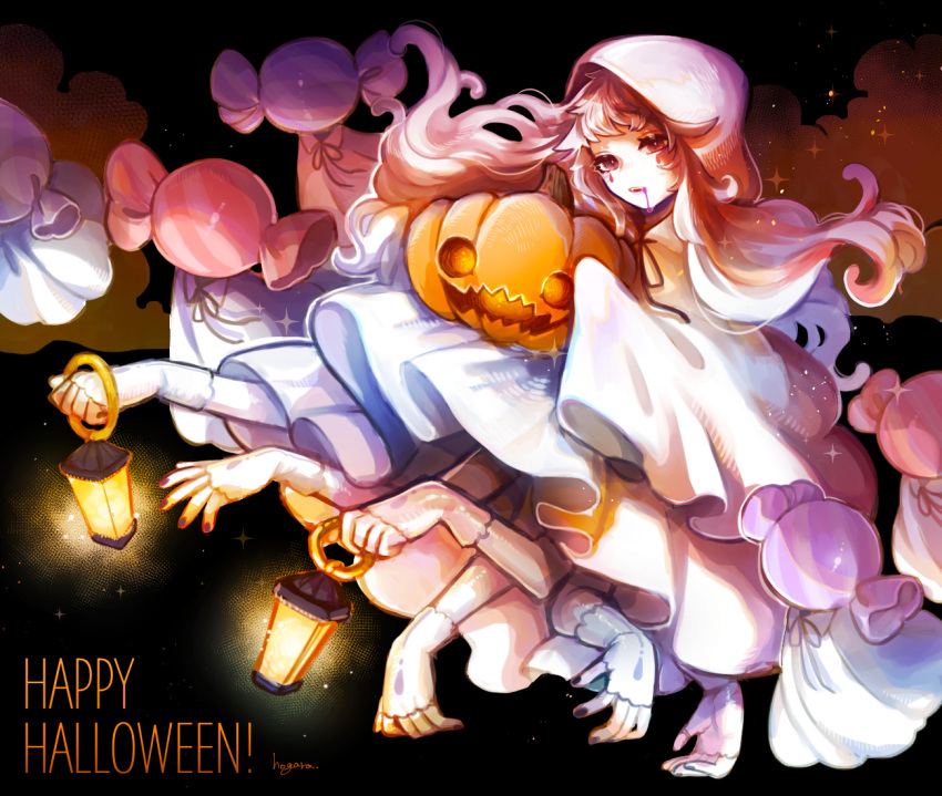 1girl artist_name black_background blood blood_from_mouth brown_eyes candy candy_wrapper cloak colored_skin extra_arms fangs fingerless_gloves food full_body gloves glowing halloween hogara holding holding_food holding_lantern holding_pumpkin holding_vegetable hood hood_up hooded_cloak jack-o'-lantern lantern long_hair looking_at_viewer monster_girl multicolored_hair neck_ribbon object_head open_mouth orange_hair original pumpkin purple_nails ribbon solo_focus streaked_hair teardrop_tattoo two-tone_hair vegetable white_cloak white_hair white_skin