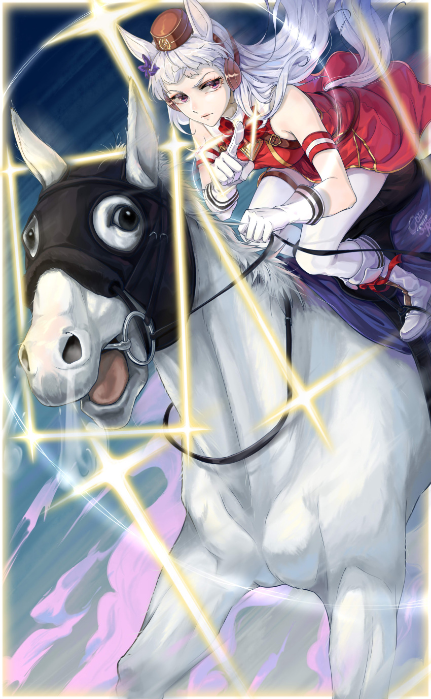 1girl absurdres animal_ears bangs blunt_bangs boots bow bowtie brown_headwear commentary creature_and_personification gold_ship_(racehorse) gold_ship_(umamusume) grey_hair highres horse_ears horse_girl horse_tail horseback_riding long_hair looking_to_the_side pillbox_hat pointing pointing_to_the_side red_bow red_bowtie riding symbol-only_commentary tail tongue tongue_out umamusume violet_eyes white_footwear yahaha