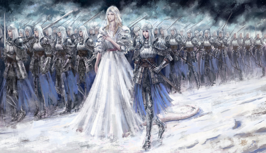 2girls 6+others absurdres armor army azure_meraki blonde_hair blue_eyes character_request closed_mouth clouds cloudy_sky company_captain_yorshka dark_souls_(series) dark_souls_iii dress hand_up highres holding holding_sword holding_weapon long_hair multiple_girls multiple_others pauldrons shoulder_armor sky sword tall_female tiara veil waist_cape walking weapon white_dress