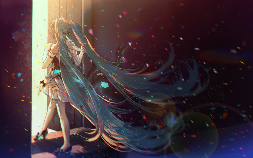 1girl aqua_ribbon back_bow bare_shoulders black_bow black_footwear black_ribbon blue_hair blurry bokeh bow chromatic_aberration confetti darkness depth_of_field door dress elbow_gloves facing_away footwear_ribbon from_behind glint gloves hair_ribbon hatsune_miku high_heels highres kleinlight lens_flare light light_particles long_hair miku_symphony_(vocaloid) motion_blur number_tattoo open_door pumps ribbon sash shoes short_dress shoulder_tattoo sleeveless sleeveless_dress solo stairs tattoo thigh-highs twintails very_long_hair vocaloid walking white_dress white_gloves white_thighhighs wide_shot