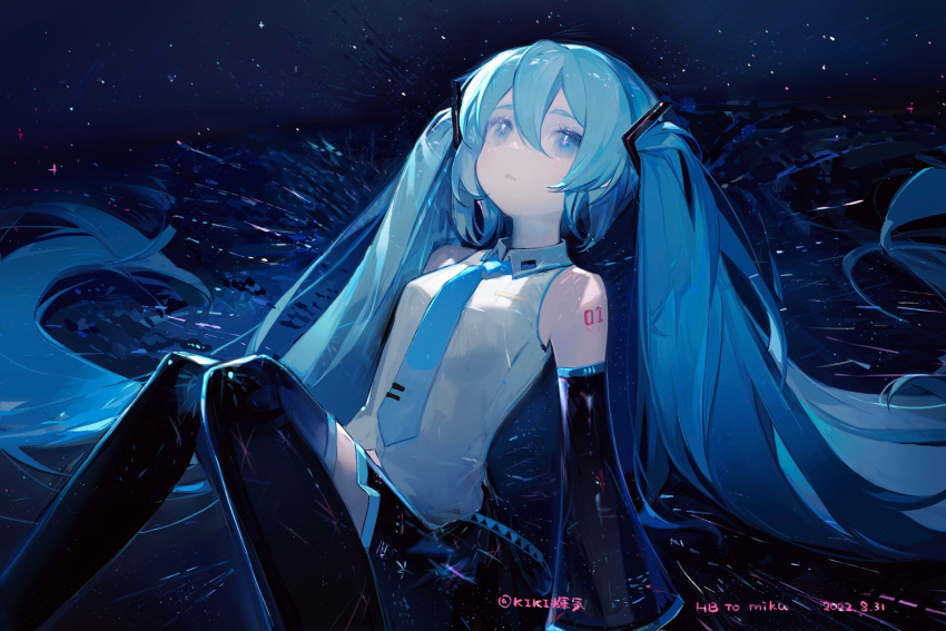 1girl arm_support bangs bare_shoulders black_skirt black_sleeves black_thighhighs blue_eyes blue_hair blue_necktie body_writing collared_shirt commentary dated detached_sleeves feet_out_of_frame hair_between_eyes hair_ornament happy_birthday hatsune_miku highres kikihuihui knees_up long_hair looking_up necktie night parted_lips shirt sitting skirt sleeveless sleeveless_shirt solo thigh-highs tie_clip triangle_mouth twintails twitter_username very_long_hair vocaloid wing_collar