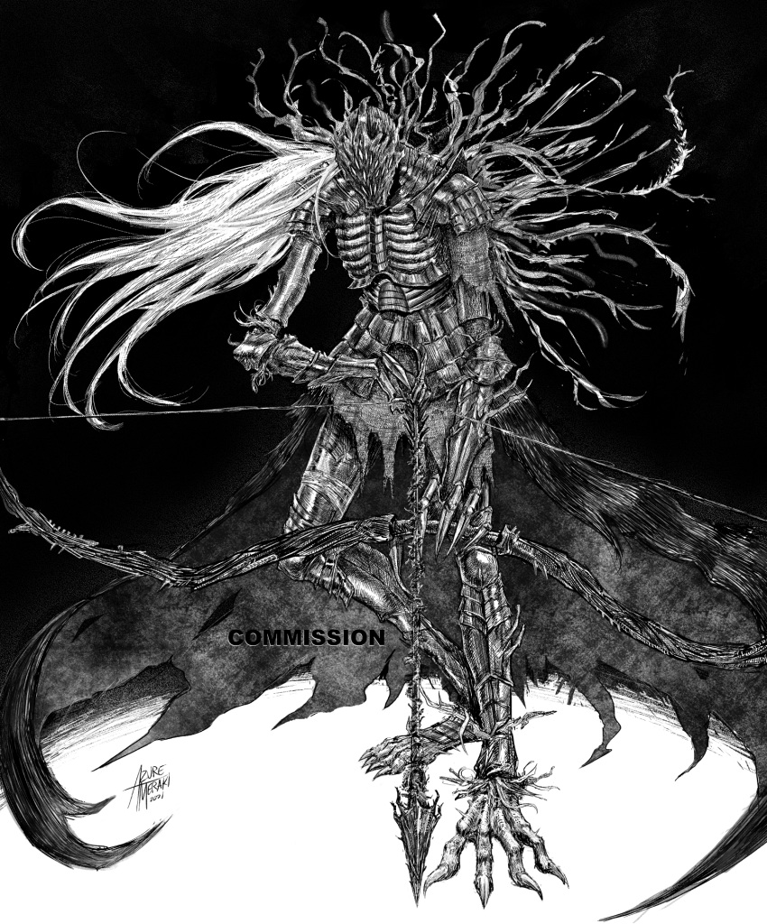 1other armor arrow_(projectile) azure_meraki bow_(weapon) breastplate claws commission copyright_request dated facing_viewer gauntlets greyscale helmet highres holding holding_arrow holding_bow_(weapon) holding_weapon horror_(theme) long_hair monochrome monster signature solo waist_cape weapon