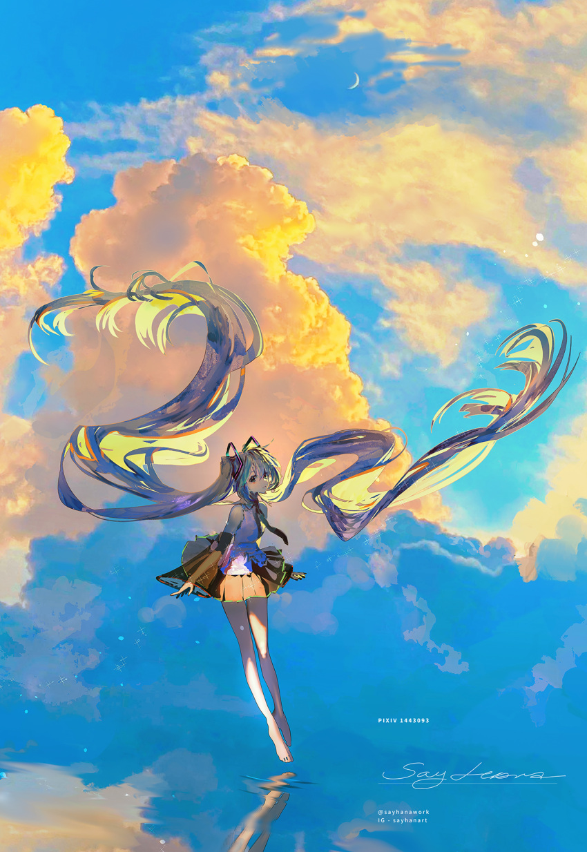 1girl absurdly_long_hair bangs bare_shoulders barefoot black_skirt black_sleeves blue_eyes blue_hair blue_necktie blue_sky breasts closed_mouth clouds cloudy_sky commentary day detached_sleeves floating_hair hair_between_eyes hatsune_miku highres instagram_username long_hair long_sleeves looking_at_viewer necktie new_moon outdoors pixiv_id pleated_skirt reflection say_hana see-through see-through_sleeves shirt signature skirt sky sleeveless sleeveless_shirt sleeves_past_wrists small_breasts solo symbol-only_commentary twintails twitter_username very_long_hair vocaloid water white_shirt wide_sleeves