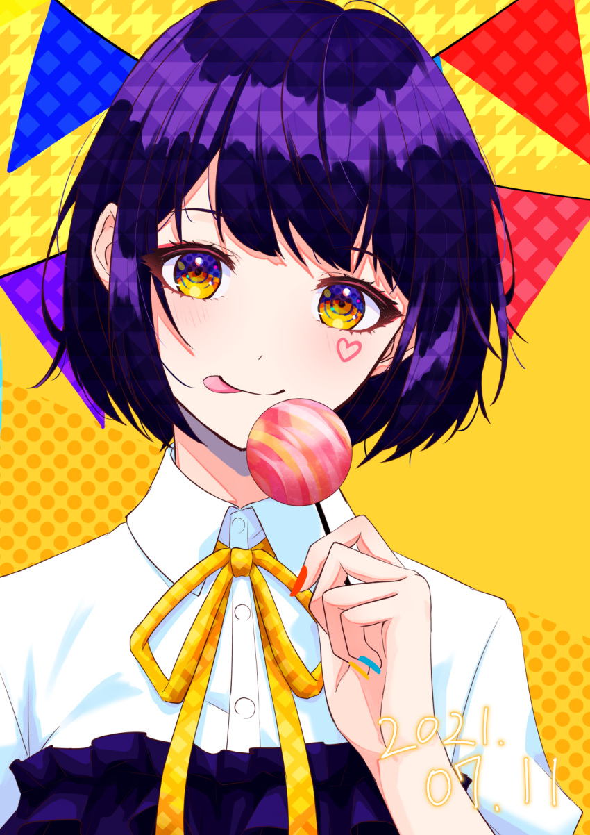 1girl 2021 :p bangs banner blush candy checkered_ribbon collared_shirt dated facial_mark food heart heart_facial_mark highres holding holding_candy holding_food holding_lollipop lollipop looking_at_viewer nagi_naruki nail_polish neck_ribbon original purple_hair ribbon shirt short_hair smile solo string_of_flags tongue tongue_out yellow_eyes