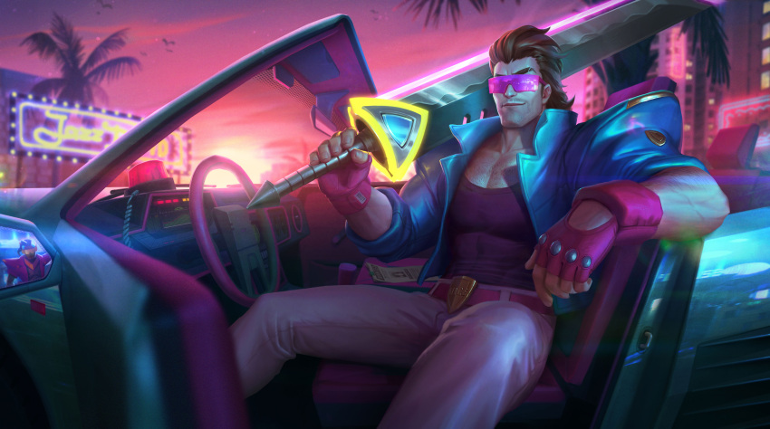 1boy absurdres alternate_costume bird black_hair blurry blurry_background brown_hair building car chest_hair city city_lights collared_jacket demacia_vice_garen demacia_vice_lucian facial_hair feet_out_of_frame fingerless_gloves garen_(league_of_legends) gloves ground_vehicle hairy highres jacket league_of_legends leather leather_belt long_hair looking_at_viewer lucian_(league_of_legends) male_focus manly mature_male mirror motor_vehicle muscular muscular_male neon_lights over_shoulder palm_tree pants pectoral_cleavage pectorals reflection sitting sky smirk solo spread_legs stubble sunglasses sunlight sunset sword tank_top tree weapon weapon_over_shoulder zeenchin