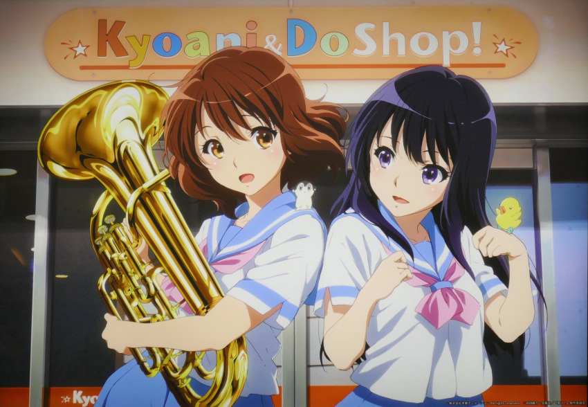 2girls :d artist_request bangs blue_sailor_collar blue_skirt blush brown_eyes brown_hair euphonium hands_up hibike!_euphonium highres holding holding_instrument instrument kitauji_high_school_uniform kousaka_reina kyoto_animation long_hair looking_at_another multiple_girls neckerchief official_art open_mouth oumae_kumiko pink_neckerchief pleated_skirt purple_hair sailor_collar scan school_uniform serafuku shirt short_hair short_sleeves skirt smile uniform violet_eyes white_shirt