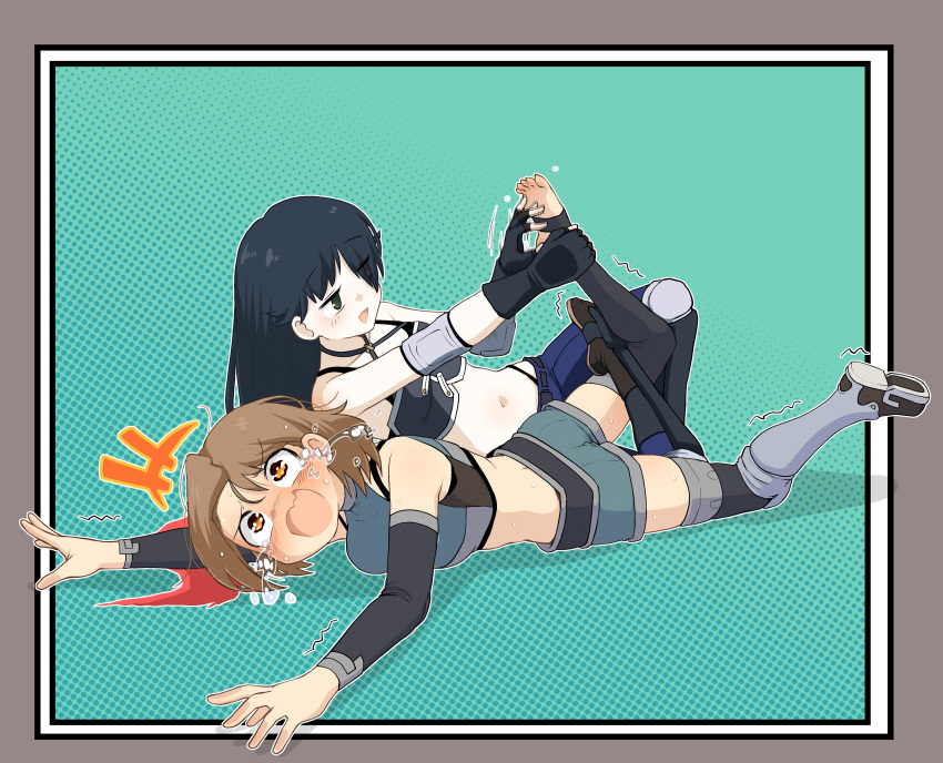 2girls :d absurdres bangs bare_shoulders black_eyes black_footwear black_gloves black_hair black_shirt black_sleeves black_thighhighs boots border brown_hair calf_slicer detached_sleeves elbow_pads fingerless_gloves fool_iketani full_body gloves green_background grey_border grey_shirt grey_shorts hair_over_one_eye highres knee_boots knee_pads laughing long_hair lying midriff multiple_girls navel on_stomach open_mouth orange_eyes original shirt shoes short_hair shorts single_shoe smile stirrup_legwear tears thigh-highs tickling toeless_legwear toes wrestling wrestling_outfit