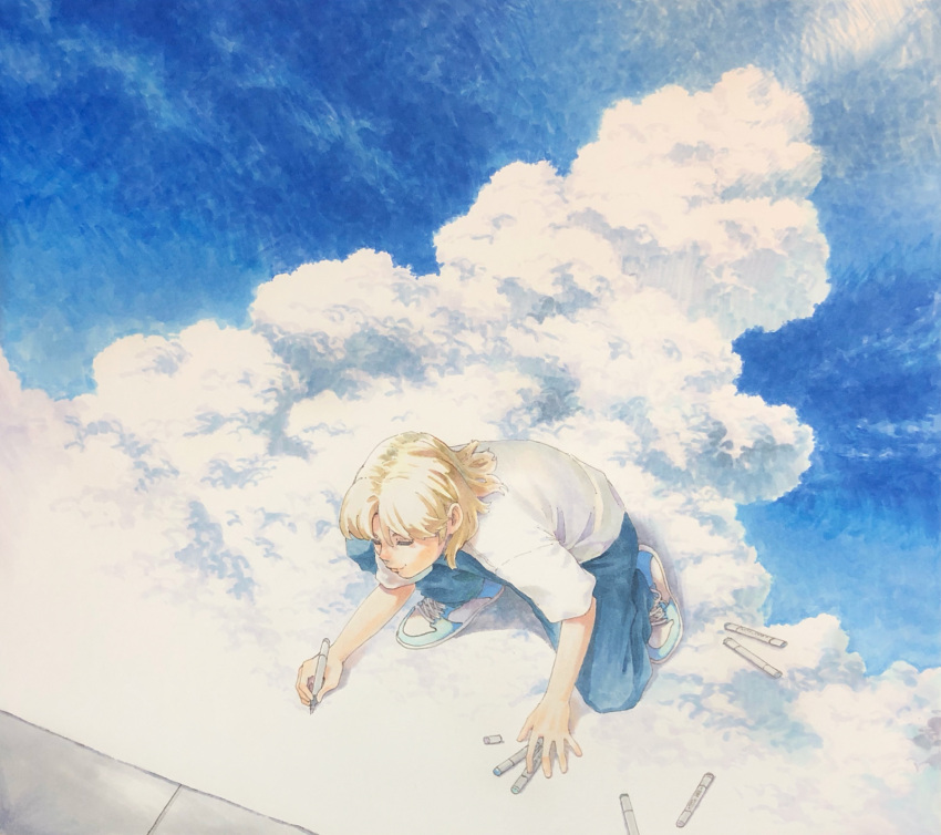 ambiguous_gender bangs blonde_hair blue_footwear blue_pants closed_eyes closed_mouth clouds commentary_request cumulonimbus_cloud from_above highres holding holding_marker marker marker_(medium) medium_hair one_knee original painting_(action) painting_(object) pants partial_commentary shiratama_(hockey) shirt shoes short_sleeves sky sneakers solo traditional_media white_shirt