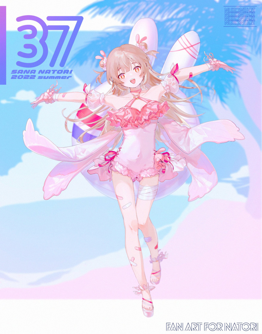 1girl bandaged_arm bandaged_leg bandages bandaid bandaid_on_arm bandaid_on_leg bare_shoulders beach bright_pupils brown_hair character_name clouds cloudy_sky collarbone covered_navel cumulonimbus_cloud double_bun fangs film_grain frilled_swimsuit frills hair_bun highres innertube light_brown_hair long_hair natori_sana nllget open_mouth orange_eyes outdoors palm_tree pink_footwear pink_one-piece_swimsuit pink_scrunchie sana_channel sand scrunchie short_twintails sky smile solo stuffed_animal stuffed_toy swimsuit symbol-shaped_pupils teeth tree twintails upper_teeth virtual_youtuber white_pupils