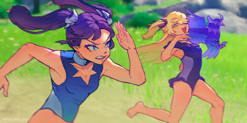 2girls bare_shoulders bird blonde_hair blue_eyes clenched_teeth fischl_(genshin_impact) genshin_impact green_eyes highres looking_at_another mona_(genshin_impact) multiple_girls nycnouu one-piece_swimsuit outdoors purple_hair racing running swimsuit teeth twintails