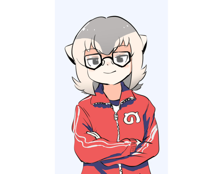 1girl alternate_costume blush commentary_request crossed_arms glasses grey_eyes grey_hair highres jacket japari_symbol kemono_friends long_sleeves looking_at_viewer mcgunngu meerkat_(kemono_friends) meerkat_ears multicolored_hair red_jacket red_track_suit short_hair smile solo track_jacket two-tone_hair upper_body