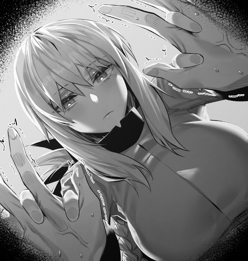 ! 1boy 1girl absurdres bangs braid breasts closed_mouth fate/grand_order fate_(series) fingernails florence_nightingale_(fate) fujimaru_ritsuka_(male) greyscale hair_between_eyes highres hxd interlocked_fingers large_breasts long_hair looking_at_viewer monochrome pov sidelocks spoken_exclamation_mark trembling veins