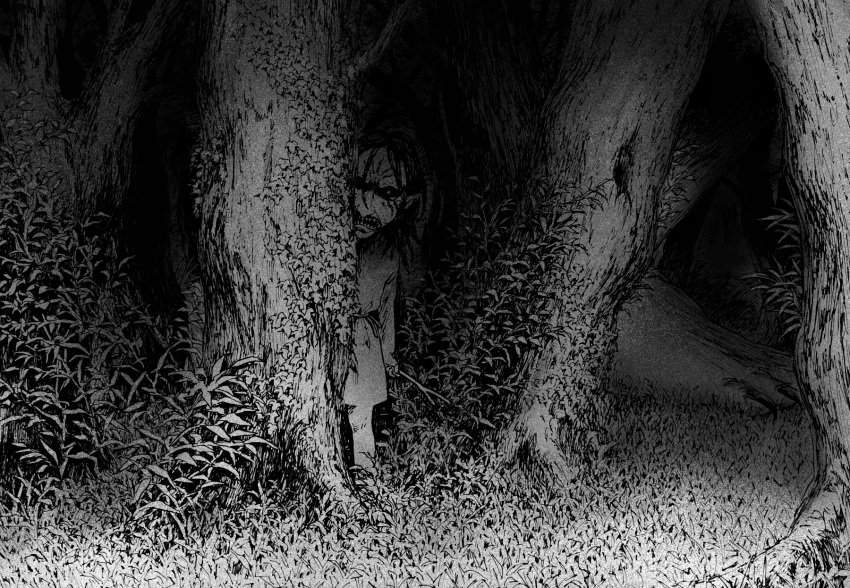 1girl aged_down behind_tree branch character_mask child covered_face dark dress female_child forest grass greyscale hatching_(texture) highres holding holding_branch ivy jaw_titan leaf mask medium_hair monochrome nature outdoors peeking_out plant scenery shingeki_no_kyojin solo standing titan_(shingeki_no_kyojin) tobii_(tbtbi) tree wide_shot ymir_(shingeki_no_kyojin)