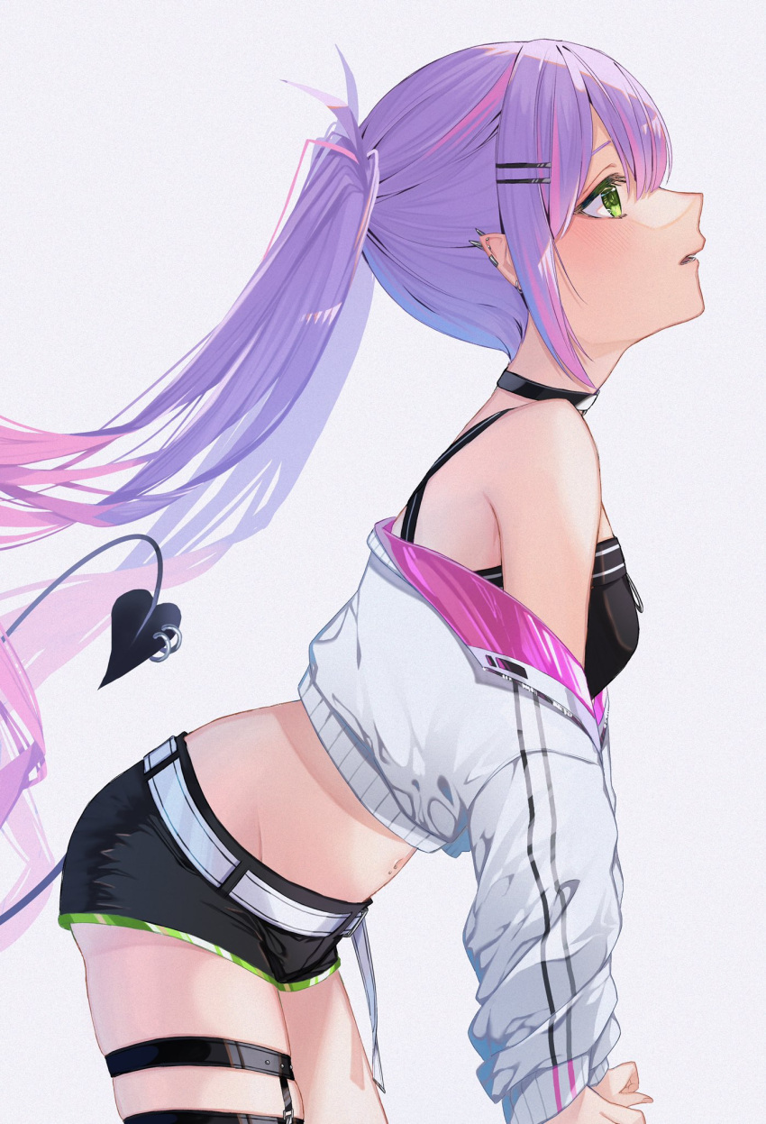 1girl belt black_choker black_shorts black_tank_top choker crop_top cropped_jacket demon_girl demon_tail ear_piercing garter_belt green_eyes hair_ornament hairclip highres hololive jacket long_hair long_sleeves looking_to_the_side midriff multicolored_hair navel_piercing o-ring o-ring_choker off_shoulder piercing pink_hair pointy_ears purple_hair runlan_0329 short_shorts shorts sidelocks simple_background solo streaked_hair tail tail_ornament tail_piercing tank_top tokoyami_towa twintails virtual_youtuber white_background white_jacket