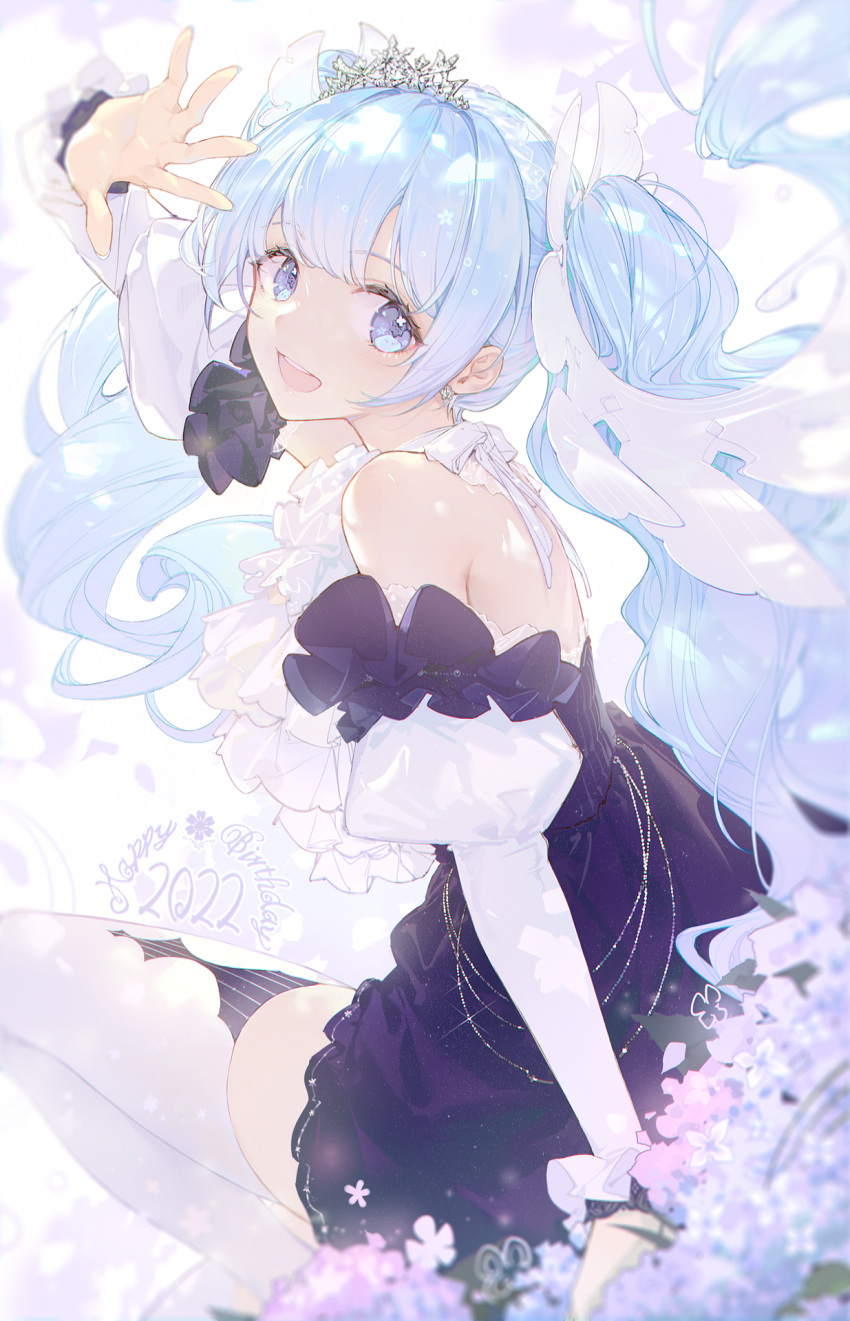 1girl 2022 :d arm_up ascot backless_dress backless_outfit bangs bare_shoulders black_dress blue_eyes blue_hair closed_mouth commentary_request detached_sleeves dress earrings feet_out_of_frame flower frilled_ascot frills from_side happy_birthday hatsune_miku highres jewelry juliet_sleeves linfi-muu long_hair long_sleeves looking_at_viewer puffy_sleeves purple_flower sitting smile snowflake_earrings solo strapless teeth thigh-highs tiara twintails upper_teeth very_long_hair vocaloid white_ascot white_sleeves white_thighhighs yuki_miku yuki_miku_(2019)