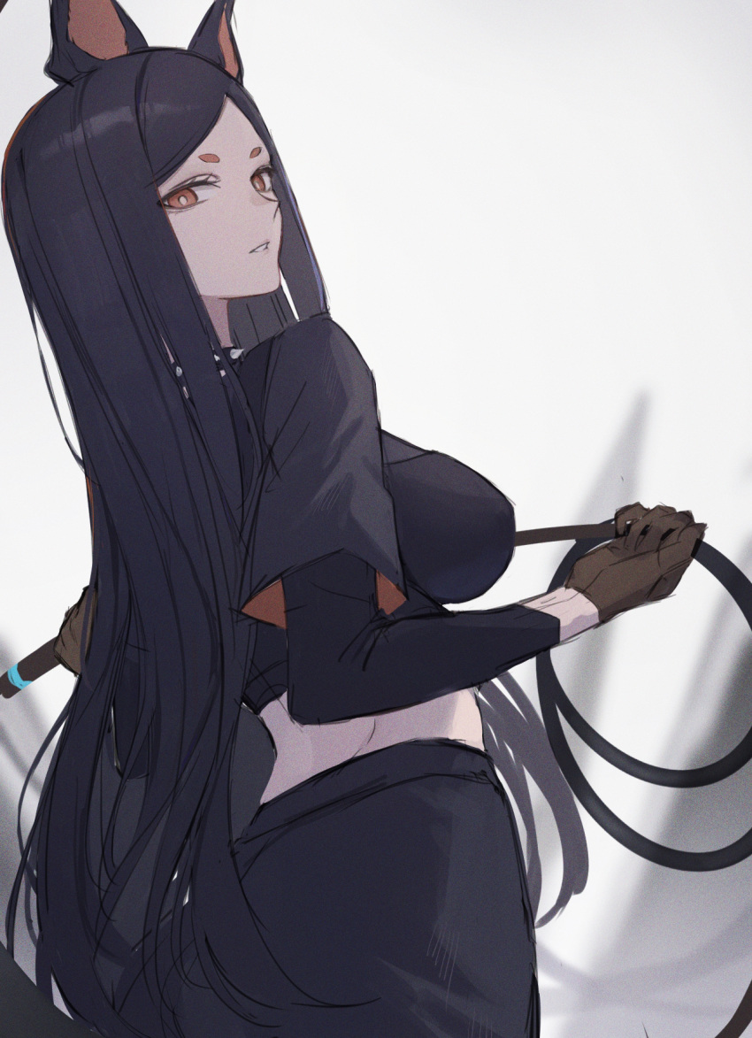 1girl animal_ears arknights ass bangs black_hair black_pants black_shirt blurry blurry_background brown_eyes brown_gloves crop_top depth_of_field dobermann_(arknights) dog_ears from_behind gloves highres holding layered_sleeves long_hair long_sleeves looking_at_viewer looking_back midriff nagute pants parted_bangs parted_lips shirt short_eyebrows short_over_long_sleeves short_sleeves solo thick_eyebrows very_long_hair whip