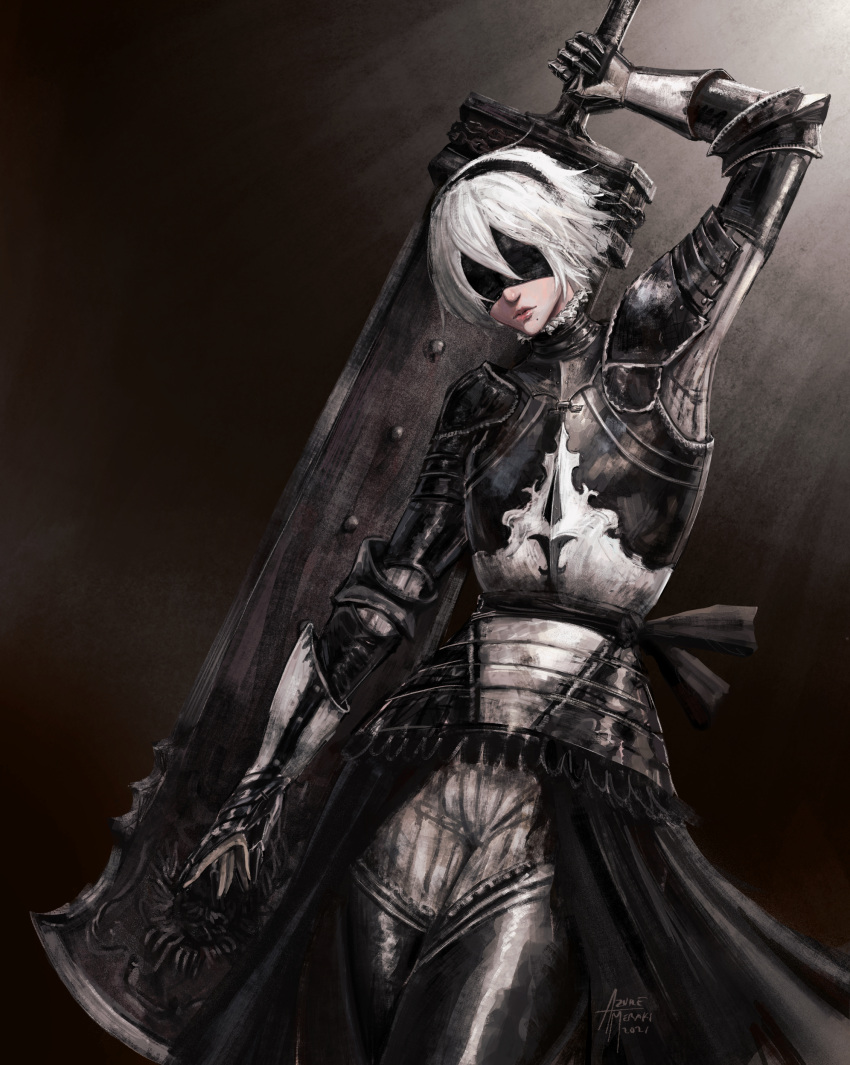 1girl absurdres adapted_costume armor azure_meraki black_hairband blindfold breastplate closed_mouth dated facing_viewer gauntlets greaves hair_between_eyes hairband hand_up highres holding holding_sword holding_weapon mole mole_under_mouth nier_(series) nier_automata plate_armor short_hair signature solo standing sword waist_cape weapon white_hair yorha_no._2_type_b