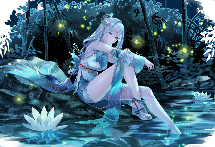 1girl anklet bamboo bangs blue_dress blue_eyes blue_nails breasts bush closed_mouth commentary detached_sleeves dress earrings fingernails fireflies flower full_body genshin_impact grey_hair hair_ornament high_heels highres jewelry kotosuzu large_breasts lily_pad long_hair looking_at_viewer lotus nail_polish outdoors shenhe_(genshin_impact) sidelocks signature single_thighhigh sitting solo tassel tassel_earrings thigh-highs toenail_polish toenails very_long_hair water white_flower white_thighhighs wide_sleeves